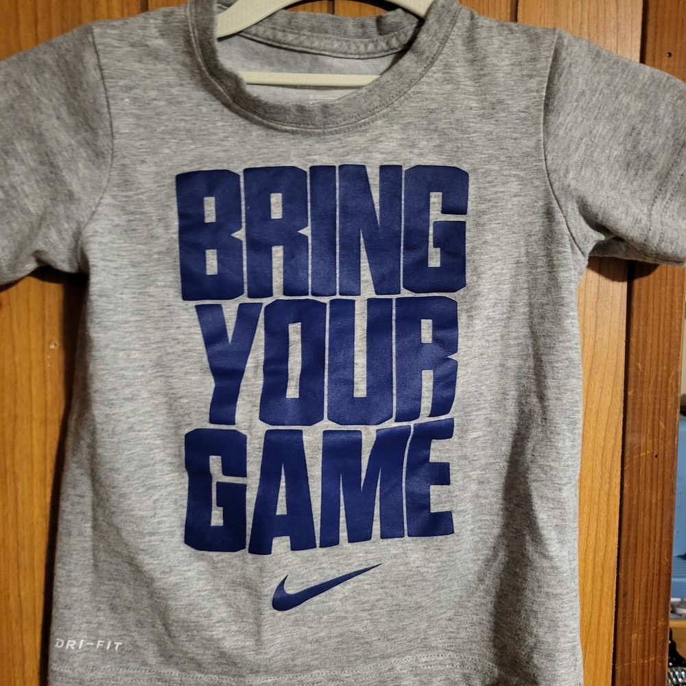 Nike Kids Gray Short Sleeve Tee with Blue 'Bring Your Game' Graphic And Puma Shi